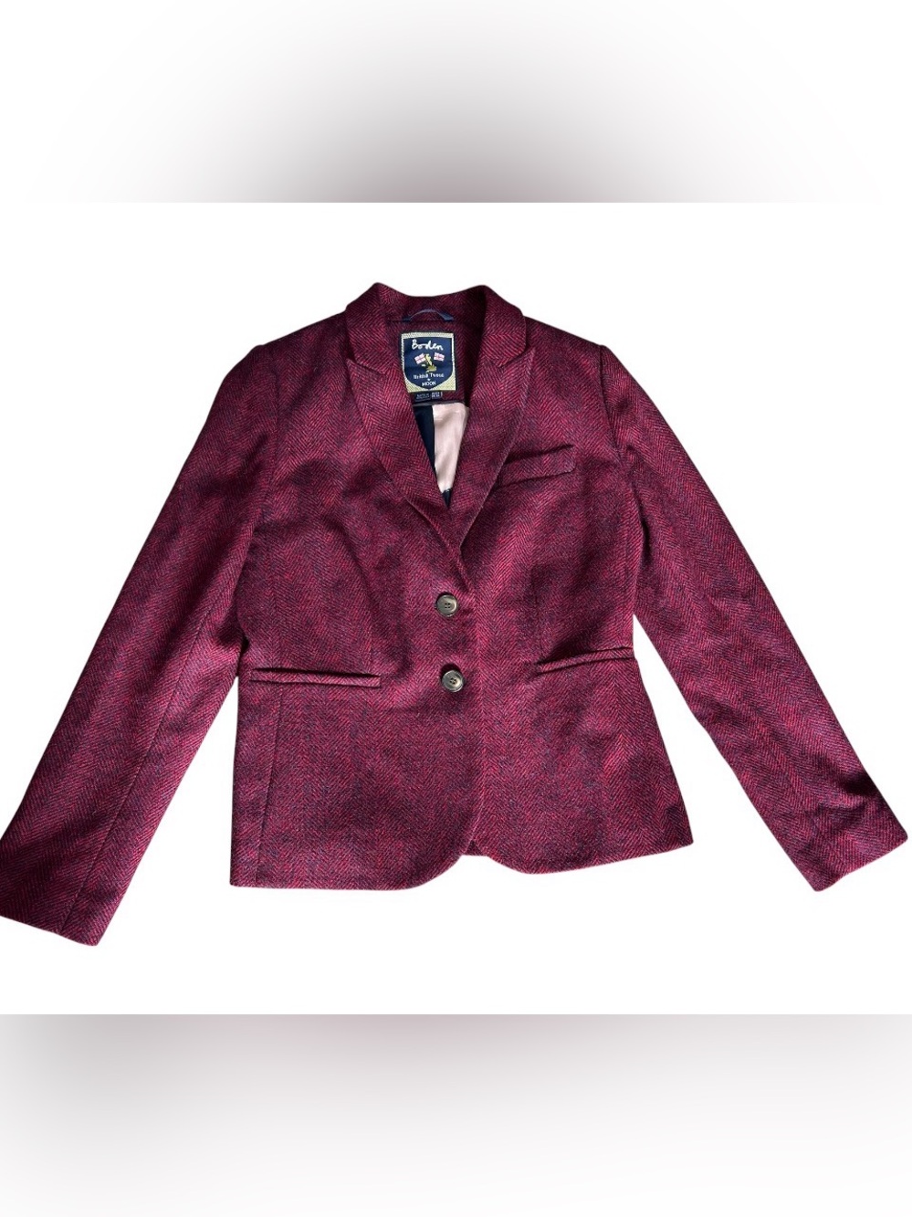 Boden Blazer Jacket Women Red Blue British Moon Tweed Wool Herringbone Sz 8